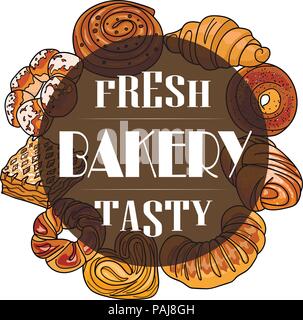 Décor pour un magasin ou un café avec des pâtisseries, pain, pâtisserie. Boulangerie, pain maison, illustration manuscrite avec lettrage. vector Illustration de Vecteur