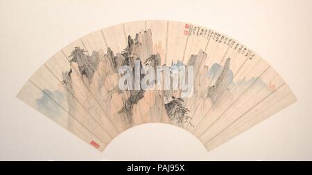 Étrange dans la montagne jaune. Artiste : Zhang Shanzi (1882-1940). Culture : la Chine. Dimensions : 7 x 20 5/16 3/16 in. (18,6 x 51,3 cm). Date : du 1935. Ce ventilateur dépeint la montagne Huangshan (jaune), un site touristique célèbre dans la province de l'Anhui que Zhang savait de première main ainsi que par les peintures de ce dix-septième siècle Anhui masters comme Mei Qing (1623-1697), qu'il imite ici. Zhang a peint ce ventilateur à la Maître de filets de pêche le jardin à Suzhou--son atelier est situé dans la cour qui a servi plus tard de modèle pour l'Astor Garden Court--où il a résidé pendant un certain temps avec hi Banque D'Images