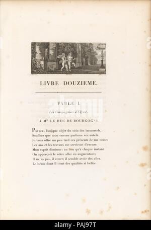 Fables. Auteur : Écrit par Jean de La Fontaine (Français, Château-Thierry 1621-1695 Paris). Dimensions : hors tout : 20 1/4 x 15 in. (51,4 x 38,1 cm). Illustrateur : Charles Percier (français, Paris 1764-1838 Paris). Editeur : Publié par Pierre Didot l'ainé (Français, 1761-1853) , Paris. Date : 1802. Cette édition en deux volumes des Fables de La Fontaine est l'une des nombreuses éditions illustrées du travail du poète que Didot publié. C'est quatrième en Didot, 'partie', Éditions du Louvre à la suite de la Les Œuvres de Racine (1801-5) et précédant les Œuvres de Boileau (1816). Les douze illustrations ont été casque Banque D'Images