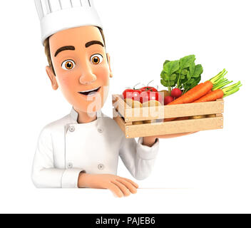 Tête 3D chef holding caisse de légumes, illustration avec fond blanc isolé Banque D'Images