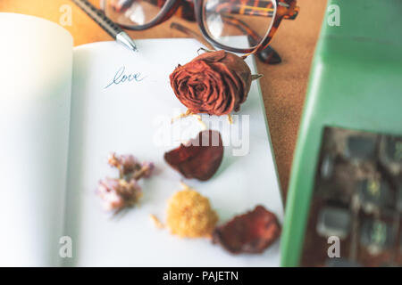 Amour mot lettre sur livre blanc de flou artistique avec witered vieux rose et marron lunettes rétro en arrière-plan sur la table en bois, crok la mémoire, l'amour pour toujours et vieux Banque D'Images