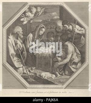 L'Adoration des bergers qui s'agenouiller ensemble à droite avant l'enfant Christ, la Vierge et Saint Joseph à gauche, deux anges au-dessus, dans un cadre octogonal, après Reni. Artiste : Après l'italien Guido Reni (1575-1642), Bologne Bologne. Artiste et éditeur : François de Poilly (Français, Abbeville 1623-1693 Paris). Fiche Technique Dimensions : (découpés) : 16 7/8 × 15 13/16 in. (42,8 × 40,1 cm). Date : ca. 1655-93. Verso n'est pas visible que l'impression est mis sur une autre feuille de papier. Musée : Metropolitan Museum of Art, New York, USA. Banque D'Images