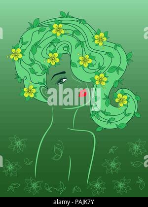Super fille charmante avec des fleurs jaunes dans les cheveux ondulés de luxe sur le délicat fond vert avec gradient, dessin à la main vector Illustration de Vecteur
