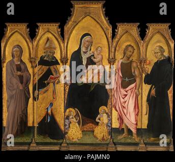 La Madone et l'enfant avec les Saints. Artiste : Giovanni di Paolo (Giovanni di Paolo di Grazia) (Italien, Sienne Sienne 1398-1482). Dimensions : panneau central 82 3/4 x 25 7/8 in. (210,2 x 65,7 cm) ; panneaux gauche 70 7/8 x 16 7/8 in. (180 x 42,9 cm), 70 7/8 x 16 3/4 in. (180 x 42,5 cm) ; droit de 7/8 x 16 panneaux 70 7/8 in. (180 x 42,9 cm), 70 7/8 x 16 3/4 in. (180 x 42,5 cm). Date : 1454. Ce retable multi-panneaux (polyptyque) a été peint pour décorer une chapelle dans une église appartenant à l'ordre des Augustins, éventuellement en Cortona. Saint Nicolas de Tolentino fut canonisée en 1446 et porte l'habit des Augustins. L Banque D'Images