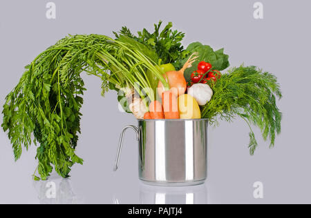 Variété de légumes frais dans un chaudron, studio isolé sur un fond gris, horizontal Banque D'Images