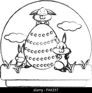 Grunge cute rabbits avec décoration de pâques oeufs Illustration de Vecteur