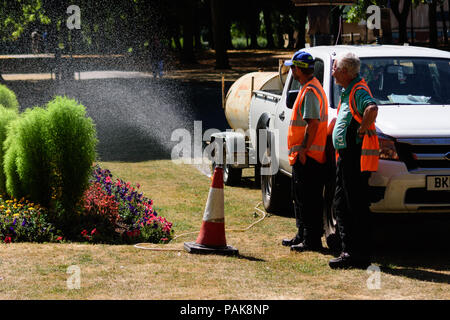 Trowbridge, Wiltshire, Royaume-Uni. 23 juillet 2018. 2 entrepreneurs conseil reposant encore une fois leur véhicule comme le tuyau d'eau soutenue par un cône de circulation de l'eau sur une fleur sprays lit pendant le temps chaud et sec sous gaine Estelle Crédit/Alamy live news Banque D'Images