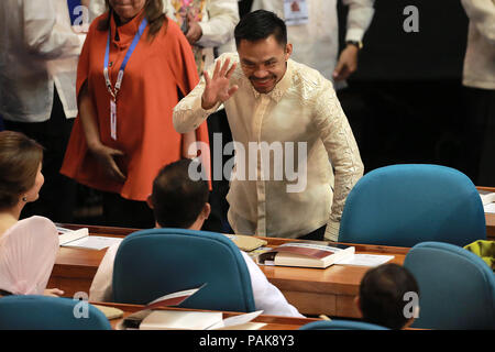 Manille, Philippines. 23 juillet, 2018. Le sénateur philippin et légende de boxe Manny Pacquiao est vu comme il assiste la présidente philippine Rodrigo Duterte troisième de l'état de la Nation à la Chambre des représentants des Philippines à Quezon City, Philippines, le 23 juillet 2018. Credit : Rouelle Umali/Xinhua/Alamy Live News Banque D'Images