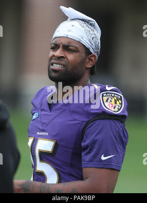 Baltimore, USA. 23 juillet 2018. Baltimore Ravens WR Michael Crabtree (15) sur la photo lors de la formation au camp Armour Performance Center à Owings Mills, MD Le 23 juillet 2018. Photo/ Mike Buscher/Cal Sport Media Credit : Cal Sport Media/Alamy Live News Banque D'Images