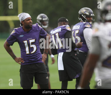 Baltimore, USA. 23 juillet 2018. Baltimore Ravens WR Michael Crabtree (15) sur la photo lors de la formation au camp Armour Performance Center à Owings Mills, MD Le 23 juillet 2018. Photo/ Mike Buscher/Cal Sport Media Credit : Cal Sport Media/Alamy Live News Banque D'Images