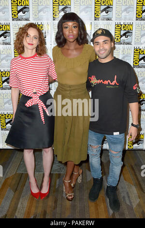 San Diego, USA. 21 juillet, 2018. Fiona Dourif, Amanda Warren et Gabriel Chavarria au Photocall pour la série TV SYFY Le 'Purger' au San Diego Comic-Con 2018 International à l'hôtel Hilton Bayfront hotel. San Diego, 21.07.2018 | Conditions de crédit dans le monde entier : dpa/Alamy Live News Banque D'Images