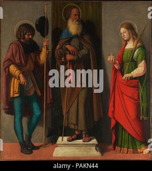 Trois Saints : Roch, Anthony Abbot, et Lucy. Artiste : Cima da Conegliano (Giovanni Battista Cima) (Italien, Conegliano ca. 1459-1517/18 Venise ou Conegliano). Dimensions : 50 1/2 x 48 in. (128,3 x 121,9 cm). Date : ca. 1513. Étant donné la position élevée de Saint Antoine Abbé (ca. 251-356), flanquée de Saints Roch (Protecteur des victimes de la peste) et Lucy (patron des aveugles : elle est titulaire d'une lampe à huile), ce retable a peut-être été peint quelque 1513 pour les frères de Saint Antoine, qui a pourvu aux pestiférés. Comme une œuvre d'Bellini il a appartenu à l'Impératrice Joséphine Bonaparte, témoignant de Banque D'Images