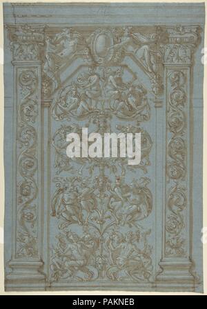 Conception pour une élévation du mur avec les grotesques. Artiste : Anonyme, Italien, deuxième moitié du 16ème siècle ; cercle de Pellegrino Tibaldi (Italien, Spa Puria di Valsolda 1527-1596 Milan) ?. Dimensions : 15 x 10 5/16 9/16 in. (38,9 x 26,9 cm). Date : ca. 1540-70. Mur et plafond peint décorations ont été une partie importante de l'italien de l'intérieur du 16ème siècle. Avec leurs couleurs vives, ils ont souvent eu une influence déterminante sur l'atmosphère d'une pièce. Cette conception présente une décoration pour un créneau entre deux piliers qui est rempli par un soi-disant candelabra avec grotesques satyres mâles et femelles sur ses de Banque D'Images