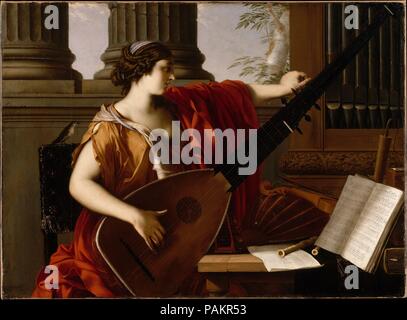 Allégorie de la musique. Artiste : Laurent de la Hyre (français, Paris 1606-1656 Paris). Dimensions : 41 5/8 x 56 3/4 in. (105,7 x 144,1 cm). Date : 1649. La figure allégorique tunes un théorbe. L'épaule est un oiseau chanteur, symbole de la musique naturelle, alors qu'en revanche elle peut être une représentation de la musique moderne théorie et pratique. Sur la droite se trouvent divers instruments contemporains et les scores : un luth, un violon, deux flûtes, un exercice vocal, et une chanson en deux parties. Cette toile, flanquée de deux à l'origine musique des putti (Musée Magnin, Dijon), appartenait à une série des sept arts libéraux David Wells Banque D'Images