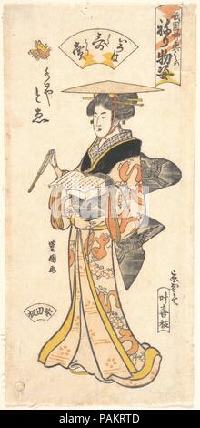 'La Geisha d'e comme vendeur de poèmes,' de la série Parade de costumes du festival de Gion (Gion mikoshi arai nerimono sugata). Utagawa Toyokuni I Artiste : (japonais, 1769-1825). Culture : le Japon. Dimensions : H. 13 1/4 in. (33,7 cm) ; O. 6 1/4 in. (15,9 cm). Date : ca. 1795. L'éditeur (Yamahei Yamashiroya Sahei) a publié une série d'impressions de célébrer le festival de Gion Parade de costumes, tenues au cours de l'été à Kyoto, au cours de laquelle le district de geisha de Gion habiller en costumes. Divers artistes, y compris Toyokuni, contribué à la série des dessins. Musée : Metropolitan Museum of Art, New York, U Banque D'Images