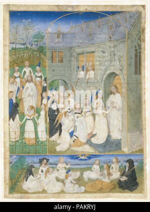 La Sainte Vierge accueillis par le Christ lorsqu'ils entrent dans les portes du paradis. Artiste : Simon Marmion (Français, Amiens ca. 1425-1489 Valenciennes). Dimensions : 6 1/4 x 4 9/16 in. (15,8 x 11,6 cm) la zone peinte : 5 15/16 x 4 5/16 in. (15,1 x 11 cm) de Justification : 4 3/16 x 2 13/16 in. (10,7 x 7,1 cm). Date : ca. 1467-70. Cette miniature, représentant la Sainte Vierge d'être accueillis par le Christ aux portes du paradis, a été à l'origine partie d'un bréviaire, qui est un livre contenant l'Office divin pour la récitation de chaque jour de l'agenda catholique romaine. L'image se serait trouvé face à l'ouverture de lignes de texte de la fo Banque D'Images