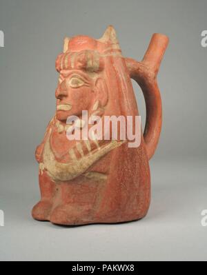 Bouteille de la tuyère d'étrier avec la figure. Culture : moche. Dimensions : H. 7 3/8 x 5 3/16 in. W. (18,7 x 13,2 cm). Date : 4e-6e siècle. Musée : Metropolitan Museum of Art, New York, USA. Banque D'Images