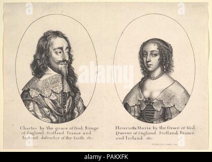 Charles I et Henrietta Maria. Artiste : Après Anthony Van Dyck (flamande, Anvers 1599-1641 Londres). Fiche technique : Dimensions : 7 x 9 5/8 in. (17,8 x 24,4 cm). Graveur : Wenceslaus Hollar (Bohème, Prague 1607-1677 Londres). Sitter : Charles Ier, roi d'Angleterre, Ecosse, Pays de Galles et l'Irlande (British, Dunfermline, Écosse 1600-1649 Londres) ; Henrietta Maria, reine d'Angleterre (1609-1666), britannique. Date : 1641. Hollar gravé ces portraits du roi et de la reine d'Angleterre sur une seule plaque de cuivre. Impressions de ce genre, montrant le couple royal ensemble, sont rares ; la plaque a ensuite été coupées pour créer deux sep Banque D'Images