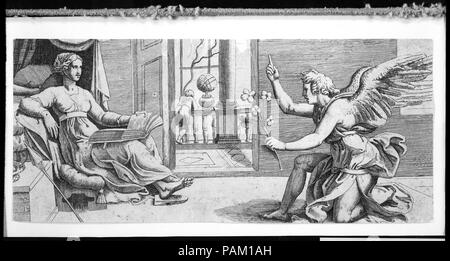 L'annonciation avec ange agenouillé. Artiste : attribuée à l'Italien Cesare (1523-1567), Parme Ferrare ; Conception attribué à Raphaël (Raffaello Sanzio ou Santi) (Italien, Urbino 1483-1520 Rome). Fiche technique : Dimensions : 4 5/8 x 10 3/4 in. (11,8 x 27,3 cm) à l'intérieur platemark. Date : ca. 1540-41. Musée : Metropolitan Museum of Art, New York, USA. Banque D'Images