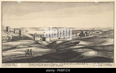 Perspective de la partie inférieure de Tanger. Wenceslaus Hollar : artiste bohème, Prague 1607-1677 (Londres). Fiche Technique : Dimensions : 13/16 4 × 8 5/16 in. (12,2 × 21,1 cm). Series/portefeuille : différentes vues de Tanger. New Hollstein 2227-2232. Date : ca. 1670. Vue sur Tanger, avec la baie et collines au loin ; à l'avant-plan, deux personnages à cheval, et une troupe de soldats en premier plan à gauche, deux navires dans la baie. Musée : Metropolitan Museum of Art, New York, USA. Banque D'Images