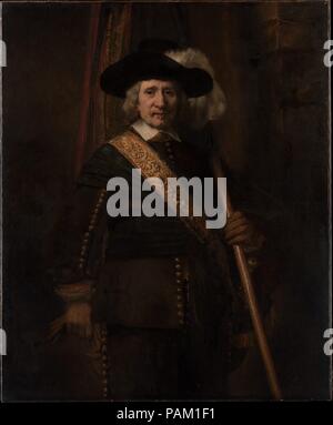 Le porte-étendard (Floris Soop, 1604-1657). Artiste : Rembrandt Rembrandt (van Rijn) (Néerlandais, Leyde 1606-1669 Amsterdam). Dimensions : 55 1/4 x 45 1/4 in. (140.3 x 114.9cm). Date : 1654. Le drapeau, la plume dans le chapeau, et le baudrier recouvertes de cuir (épée-ceinture) indiquent que la figure est d'aspirant dans l'une des sociétés d'Amsterdam garde civique. Il est presque certainement Floris Soop, un baccalauréat en riches dont la succession comprenait 140 peintures. Rembrandt donne un sens fort de caractère et révèle la compétence extraordinaire dans le modèle vigoureusement face, les cheveux épais, et les costumes de détails. Les impressions o Banque D'Images