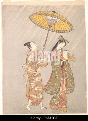 Amagoi Komachi Komachi priant pour la pluie. Artiste : attribuée à Torii Kiyomitsu (japonais, 1735-1785). Culture : le Japon. Dimensions : H. 11 à 5/16. (28,7 cm) ; W. 8 1/2 in. (21,6 cm). Date : ca. 1765. Cette impression est une parodie de la pièce de Kabuki Komachi priant pour la pluie, qui est basé sur la légende de Ono no Komachi, la belle poétesse du neuvième siècle. Elle a mis une carte sur laquelle elle avait écrit un poème en un bateau miniature et l'a publiée dans un étang à prier pour la pluie au jardin impérial. Grâce à la puissance de sa poésie, la pluie a commencé et a continué pendant trois jours. Bien qu'il n'existe pas Banque D'Images