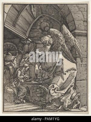 L'Annonciation. Artiste : Albrecht, Regensburg, Allemagne (ca. 1480-1538 Ratisbonne). Fiche Technique : Dimensions : 4 x 3 7/8 à 15/16. (12,5 × 9,8 cm). Date : 1513. Marie continue à prier, en se concentrant sur le livre ouvert devant elle, comme l'ange Gabriel annonce la venue du Christ. Le récit de l'Annonciation (Luc 1:26-37) est, à la base, sur le moment où la parole de Dieu, contenue dans le livre, est devenu chair. Musée : Metropolitan Museum of Art, New York, USA. Banque D'Images