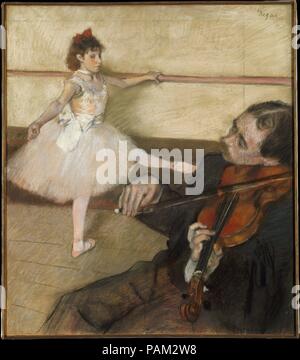 La leçon de danse. Artiste : Edgar Degas (français, Paris 1834-1917 Paris). Dimensions : 25 3/8 x 22 1/8 in. (64,5 x 56,2 cm). Date : ca. 1879. Degas fait divers ajustements à cette composition, sans doute pour accueillir le violoniste dans sa conception finale. Il a ajouté des bandes de papier en haut et vers la droite, et il semble qu'il peut avoir modifié la pose du danseur. Une étude pastel pour le musicien est dans la collection du Musée (19.51.1). Le présent travail a été anciennement propriété de Gustave Caillebotte, qui ont probablement acheté ou peu de temps après l'exposition impressionniste de 1879. En 18 Banque D'Images