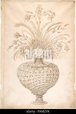 Fleurs dans un vase. Artiste : Erasmus Hornick (Anvers, Russisch ca. 1520-1583) ; Prague autrefois attribués à Anonymous, Allemand, 16ème siècle. Fiche technique : Dimensions : 16 1/8 x 10 11/16 po. (41 x 27,2 cm). Date : le 16ème siècle. Conception pour un vase décoré d'un motif en forme de losange (peut-être pour but d'indiquer crystal). Un bouquet de fleurs symétriques a été placée dans le vase, caractérisée par trois fleurs juste au-dessus du cou de la vase qui ressemblent plus comme les roses Tudor. Musée : Metropolitan Museum of Art, New York, USA. Banque D'Images