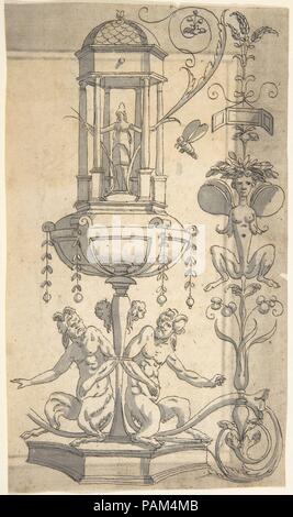 Grotesque avec un candélabre Pavillon hexagonal sur un pied. Artiste : Anonyme, Italien, 16e siècle ? ; Après Cornelis Bos, Russisch Hertogenbosch (ca. 1510 avant 1566 ?-Groningen). Fiche Technique : Dimensions : 9 1/4 x 5 3/8 in. (23,5 x 13,6 cm). Date : après 1540. Les trois quarts d'un candélabre grotesque, copié après un print publié par Cornelis Bos vers 1540. La conception est caractérisée par une structure architecturale qui peut être décrit comme un pavillon hexagonal. Au sein d'une figure féminine a été placé qui détient sur d'acanthe sinueux morte. Le pavillon est soutenue par un pied à wh Banque D'Images