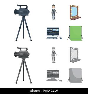 Une caméra, un costume pour les effets spéciaux et d'autres équipements. Faire des films mis en icônes collection cartoon style monochrome,mauvais stock symbol vector Illustration de Vecteur