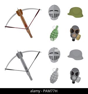 Arbalète médiévale, casque, casque de soldat, grenade à main. Set d'armes dans les icônes de la collection cartoon style monochrome,symbole vecteur illustration de stock . Illustration de Vecteur