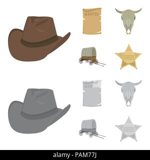 Chapeau de Cowboy, est recherché, panier, bull crâne. Wild West collection set icônes de cartoon style monochrome,symbole vecteur illustration de stock . Illustration de Vecteur