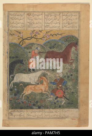 Rustam 'Capture l' Cheval Rakhsh, folio d'un Shahnama (Livre des Rois) de Firdausi. Auteur : Abu'l Qasim Firdausi (935-1020). Dimensions : Page : H. 12 3/8 in. (31,4 cm) W. 8 3/8 in. (21,3 cm) de droit : H. 11 à 5/16. (28,7 cm) W. 7 in. (17,8 cm) TMC : H. 19 1/4 in. (48,9 cm) 14 1/4 in. W. (36,2 cm). Date : fin du xve siècle. Musée : Metropolitan Museum of Art, New York, USA. Banque D'Images