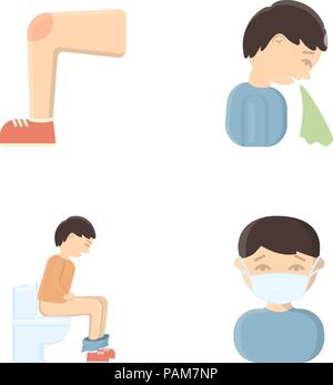 Un pied avec une contusion au genou, les éternuements malades, un homme assis sur les toilettes, un homme dans un masque médical. Jeu de malade en icônes collection cartoon style vect Illustration de Vecteur