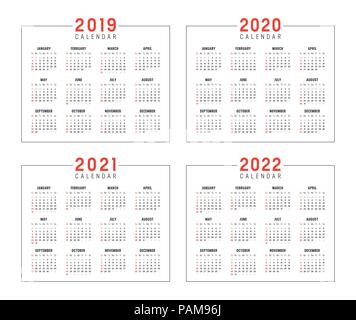 Ensemble de calendriers minimaliste, années 2019 2020 2021 2022 semaines, commencer dimanche, sur fond blanc - Vecteur de modèles. Illustration de Vecteur