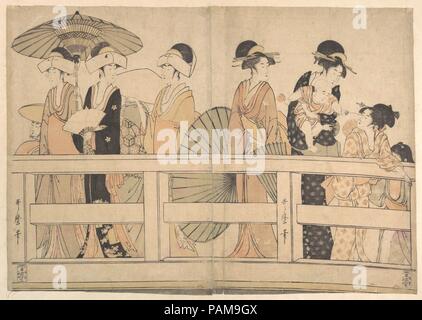 Profitant de la fraîcheur du soir sur Breeze et sous le pont. Artiste : Kitagawa Utamaro (Japonais, ca. 1754-1806). Culture : le Japon. Dimensions : 14 1/4 x 20 1/8 in. (36,2 x 51,1 cm). Date : ca. 1800. Utamaro's bridge scène de belles courtisanes est habilement composées de façon à fonctionner comme un ensemble de six (à droite) ou pour l'affichage individuellement ou par paires, comme indiqué ici. Musée : Metropolitan Museum of Art, New York, USA. Banque D'Images