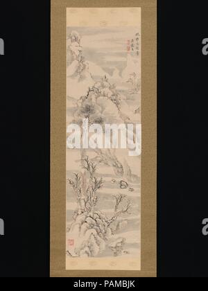 Paysage hivernal, dans le style de Guo Zhongshu. Artiste : Taiga Ike (japonais, 1723-1776). Culture : le Japon. Dimensions : Image : 39 in. × 12 1/2 in. (99 × 31,7 cm) avec fixation : 75 × 17 15/16 in. (190,5 × 45,5 cm) dans l'ensemble avec les boutons : 75 × 20 in. (190,5 × 50,8 cm). Date : fin du 18e siècle. Un petit bateau qui transportait les passagers savantes, qui pourrait être en chemin pour rendre visite à un ami dans l'une des maisons dans la distance, est décrit par ondulé, forte, dure, et de l'aiguille-lignes fines. Une grappe de petites maisons est vu dans la distance à la droite. La palette de gris de la peinture est mise en évidence par c Banque D'Images