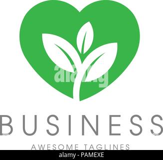 Concept de soins de la nature logo, coeur vert avec des feuilles de soins à base de plantes vegan l'écologie. Illustration de Vecteur