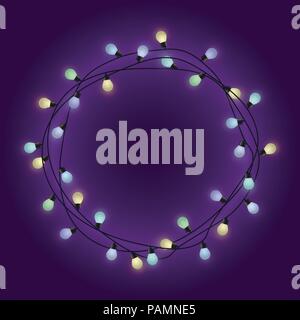 Lampes de la guirlande wreath, porte avant fairy lights guirlande, place ronde pour le texte avec les ampoules d'éclairage brillant, de délimitation et de frontière, vector illustration Illustration de Vecteur