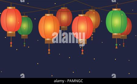 Chinese lantern Garland, papier traditionnel asiatique coloré chaîne lampes sur fond sombre, fairy lights avec des étincelles, le pied et la bannière pour la décoration, vector illustration Illustration de Vecteur