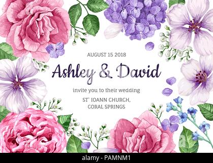 Carte d'Invitation de mariage avec des fleurs dans un style aquarelle sur fond blanc. Modèle de carte de vœux. Illustration de Vecteur