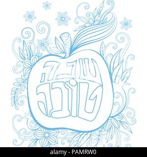 Rosh Hashanah - Le Nouvel An juif de conception de cartes de souhaits avec apple et la grenade. Texte d'accueil en hébreu ont une bonne année. Hand drawn vector illustration. Couleur bleu Illustration de Vecteur