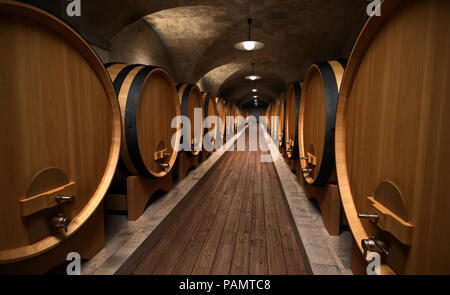 Cave avec des tonneaux de bois Banque D'Images