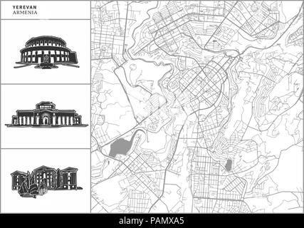 Plan de la ville de Erevan avec icônes de l'architecture dessinée à la main. Tous les drawigns, la carte et l'arrière-plan séparés pour faciliter le changement de couleur. Le repositionner facilement dans le vector ve Illustration de Vecteur