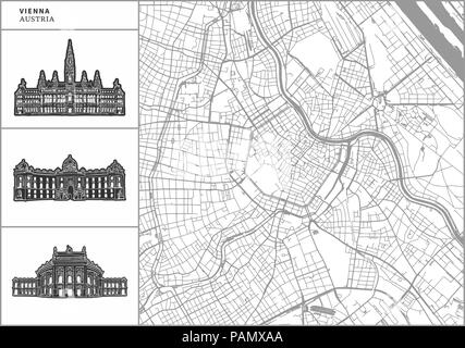 Plan de la ville de Vienne avec des icônes de l'architecture dessinée à la main. Tous les drawigns, la carte et l'arrière-plan séparés pour faciliter le changement de couleur. Le repositionner facilement dans le vector ver Illustration de Vecteur