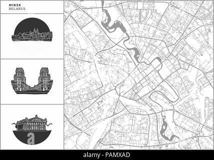 Carte de la ville de Minsk avec icônes de l'architecture dessinée à la main. Tous les drawigns, la carte et l'arrière-plan séparés pour faciliter le changement de couleur. Le repositionner facilement dans le vector vers Illustration de Vecteur