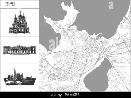 Plan de la ville de Tallinn avec icônes de l'architecture dessinée à la main. Tous les drawigns, la carte et l'arrière-plan séparés pour faciliter le changement de couleur. Le repositionner facilement dans le vector ve Illustration de Vecteur