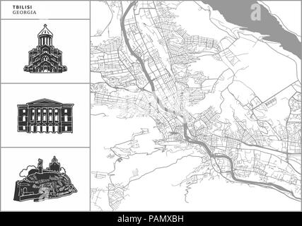 Carte de la ville de Tbilissi avec icônes de l'architecture dessinée à la main. Tous les drawigns, la carte et l'arrière-plan séparés pour faciliter le changement de couleur. Le repositionner facilement dans le vector ve Illustration de Vecteur