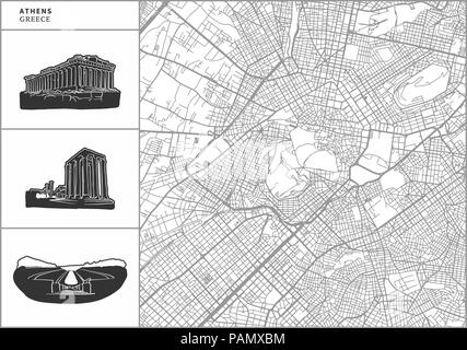 Plan de la ville d'Athènes avec des icônes de l'architecture dessinée à la main. Tous les drawigns, la carte et l'arrière-plan séparés pour faciliter le changement de couleur. Le repositionner facilement dans le vector ver Illustration de Vecteur